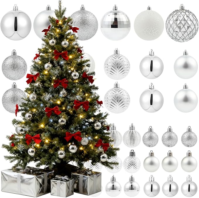 LANGXUN 36pcs Silver Christmas Tree Decorations Balls, Bolas De Navidad, 2025 Christmas Decor, Indoor Outdoor Shatterproof Christmas Ornaments, Xmars Party Wedding Suppiles