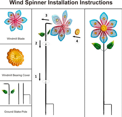 2 Pack Metal Wind Spinners for Garden Decor - Outdoor Windmill Sculptures, Durable Yard Art Wind Spinners Metal Wind Spinner for Patio Lawn Ornament, Vibrant Red & Blue Garden Spinners
