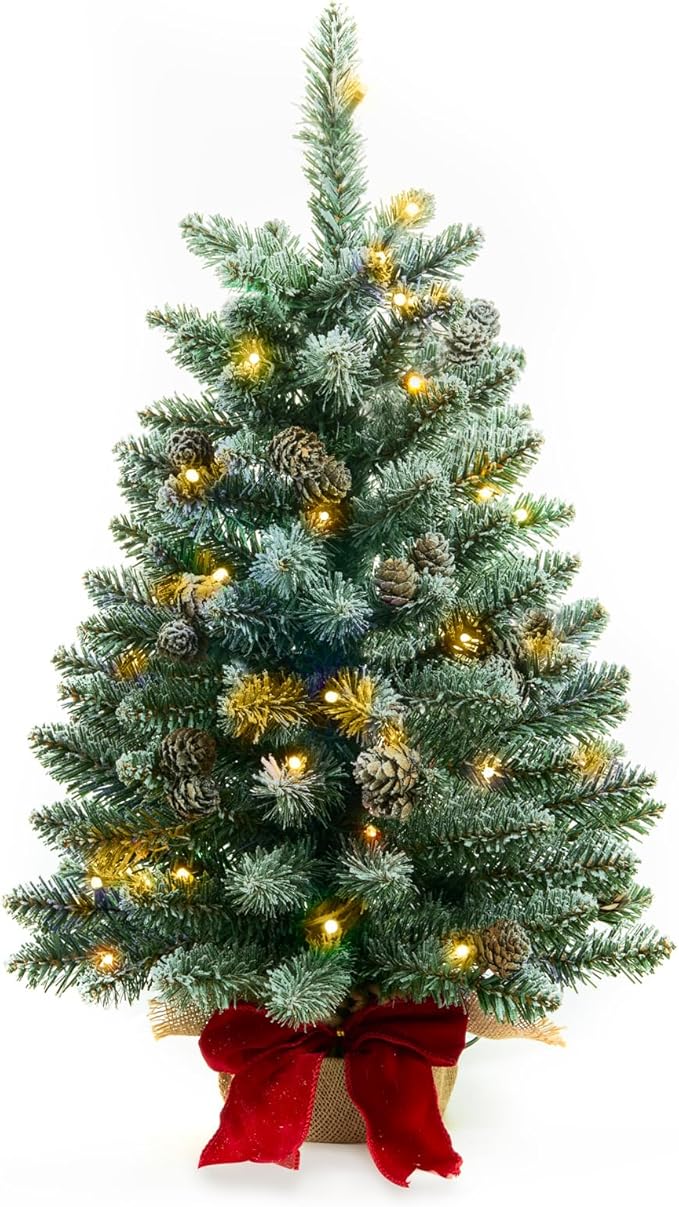 2 ft Mini Christmas Trees with Red Bow Base, 25 F5 LED Lights, 24" Decorated Burlap Artificial Tabletop Christmas Trees with Flocked Pine Cone