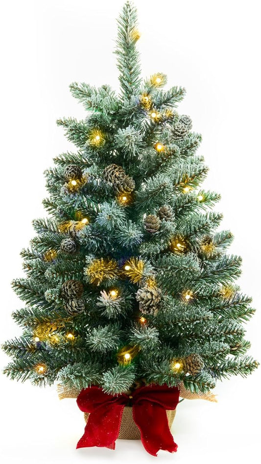 2 ft Mini Christmas Trees with Red Bow Base, 25 F5 LED Lights, 24" Decorated Burlap Artificial Tabletop Christmas Trees with Flocked Pine Cone