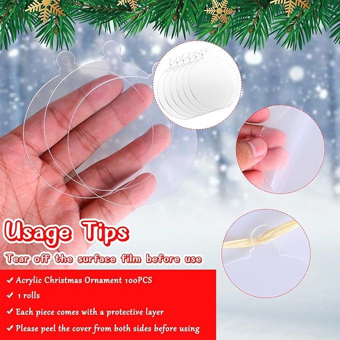 100 Pack Clear Ornaments with Red Ribbon - Blank Round Acrylic Christmas Baubles for Tree Decoration and Crafts (3 Inches)