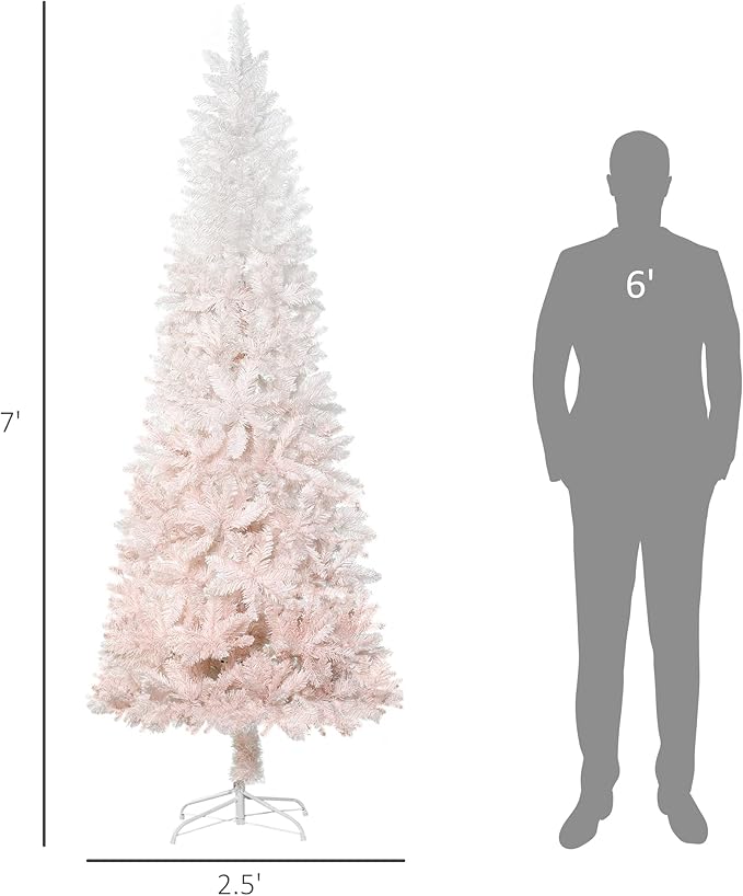 HOMCOM 7' Tall Unlit Pencil Fir Artificial Christmas Tree with Realistic Branches and Steel Base, Pink and White