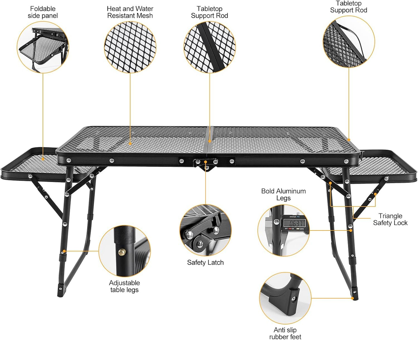 Camping Table Grill Table with Table Extension Board Adjustable Height Folding Tables Mesh Top Portable Grill for Outdoor Indoor Beach BBQ Picnic Travel RV Black