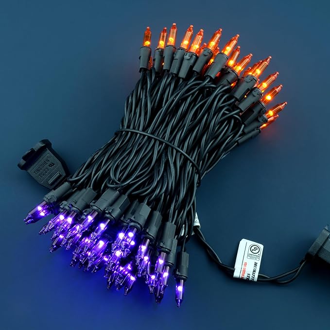 YULETIME 100 Count Orange & Purple Christmas Lights, 33 Feet Black Wire UL Certified Incandescent-Like LED Mini String Lights