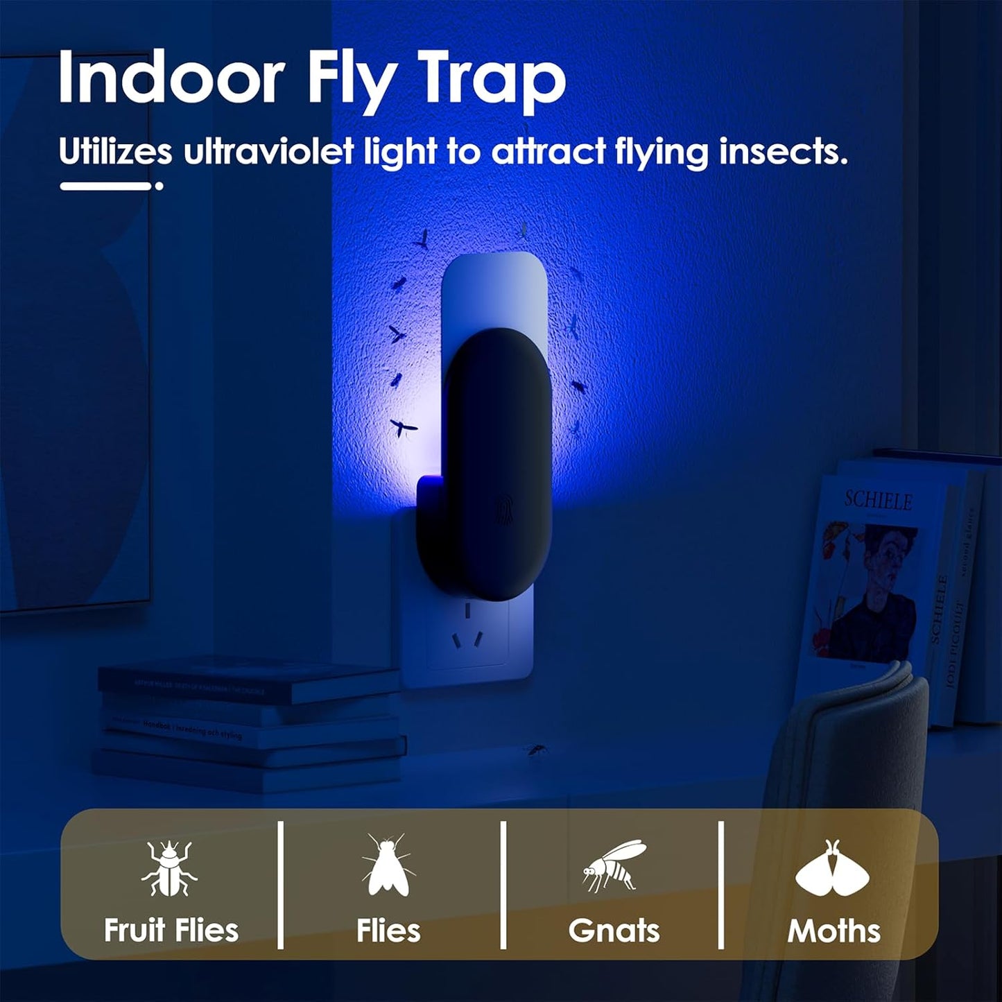 Flying Insect Trap, 2 in 1 Indoor Plug-in Fruit Fly Trap, 1 Trap Black and 6Glue Cards, Fruit Fly Traps for Gnat, Moth, Mosquito, Suitable for Every Part of The Home