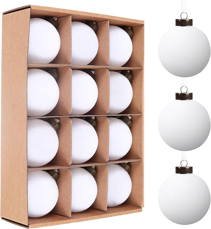 Velvet Christmas Balls Bulk Shatterproof Plastic Christmas Tree Decorations for Decorative Hanging Baubles (12, White, 3.15Inch)