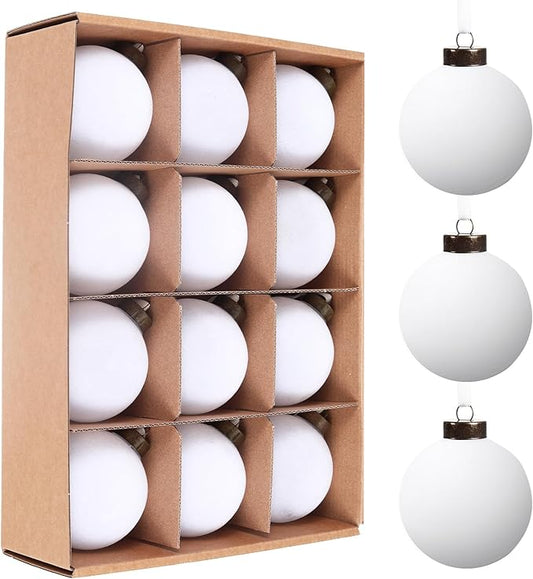 Velvet Christmas Balls Bulk Shatterproof Plastic Christmas Tree Decorations for Decorative Hanging Baubles (12, White, 3.15Inch)