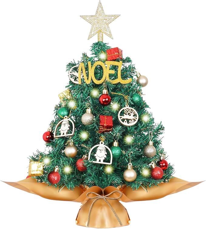 Wangchao Craft 20" Tabletop Mini Christmas Tree Set with LED Light, Star Treetop, Ornaments Balls, Table Top Small Christmas Tree, Best DIY Christmas Decorations Green