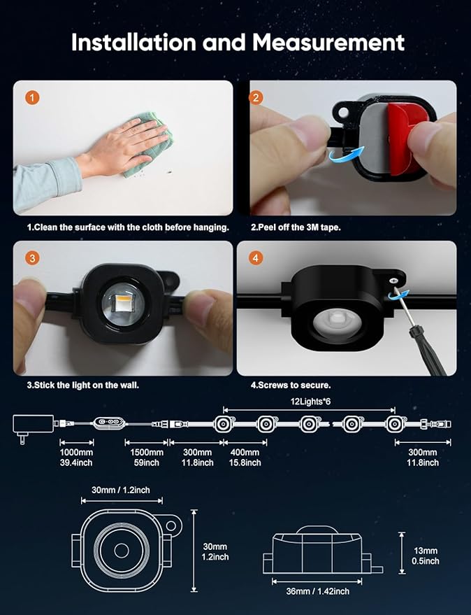 Permanent Outdoor Lights 100ft,RGBW Eaves Light with 72 LED Lights,111+ Scenes Modes Outdoor Lighting, Waterproof Permanent Light for Daily Holiday Halloween Decorations, Compatible with Alexa,Black