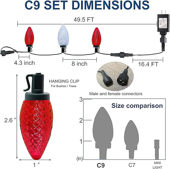 Dazzle Bright C9 Christmas String Lights, 100 LED 66 FT Waterproof Connectable Green Wire Fairy Lights, Christmas Lights for Indoor Outdoor Home Garden Yard Xmas Tree House Decorations (Red and White)