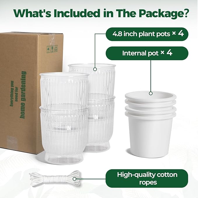 T4U 4.8 Inch Self Watering Plant Pot, 4 Pack Self Watering Pots, Self Watering Planter with Reservoir, Small Self Watering Pots for Indoor Plants, African Violets (4 Pack, 4.8", Clear)