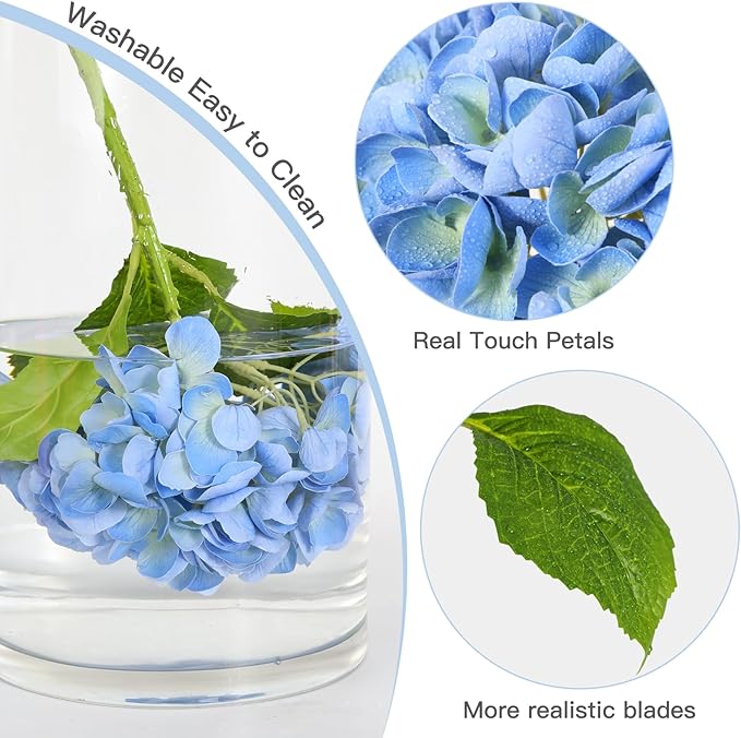 Nubry 22.44In Blue Hydrangea Artificial Flowers,4Pcs Latex Faux Real Touch Large Hydrangea Flowers with Long Stems & Leaves for Home Office Decor Wedding Party Arrangements(Blue)