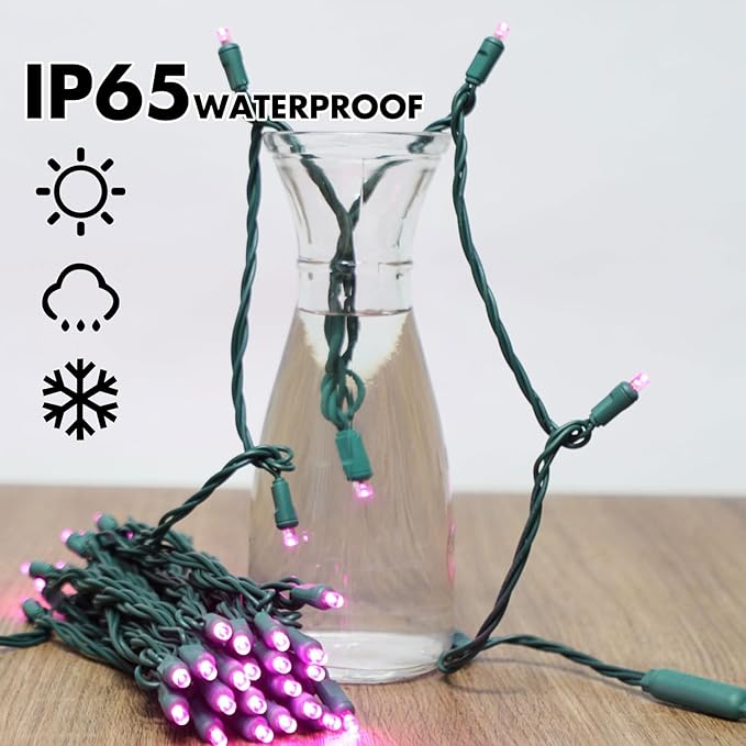 LAMPHOME 100Count (2pk of 50L) String Lights, LED Christmas Lights, 6" SPACING,Green Wire,Pink