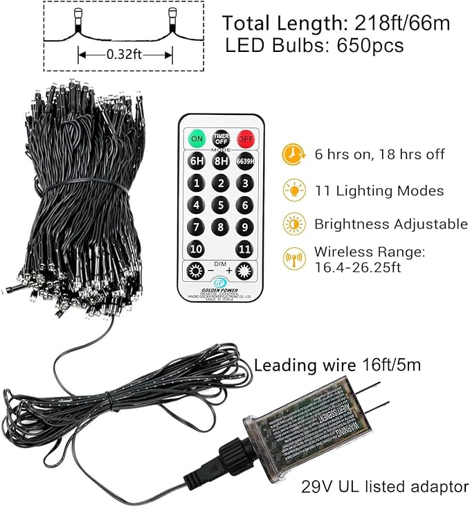 Upgraded 218FT 650 LED Color Changing Christmas String Lights Outdoor/Indoor, Remote Control & 11 Modes & Timer Green Wire Christmas Tree Lights, Waterproof Fairy String Lights for Tree Xmas Garden