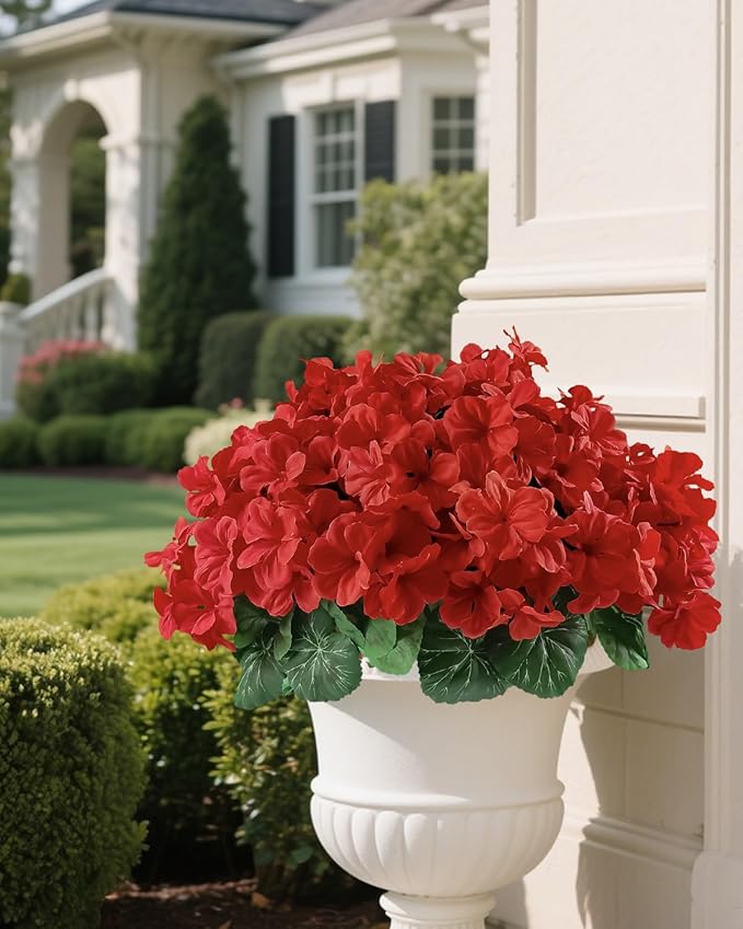 Outdoor UV-Resistant Red Silk Geranium Flowers (6 Bundles) - Realistic Artificial Faux Geranium Plants for Planter, Front Door, Porch, Yard, Patio, Window Box & Home Decor