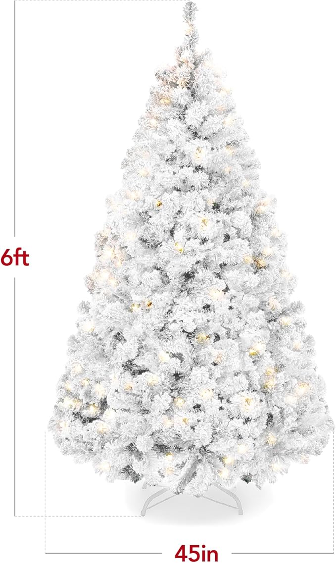 Best Choice Products Pre-Lit White Christmas Tree, 6ft Artificial Snow Flocked Full Fir Tree, Holiday Decoration w/ 250 Lights, 928 Branch Tips