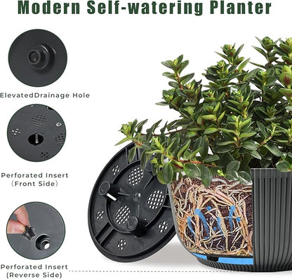T4U 10 Inch Self Watering Pots for Indoor Plants, Plastic Plant Pots with Drainage Hole, Large Flower Pots for Indoor Outdoor Plants Cactus, Garden, Set of 2, Gray