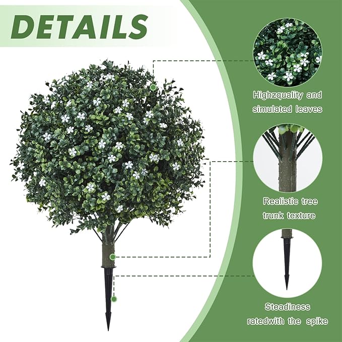 24" Artificial Boxwood Topiary Ball Bush with White Flowers, Set of 2 Artificial Shrub Bushes with Spike, Fake Evergreen Tree for Porch, Artificial Plants for Outdoor Planters Indoor UV Resistant