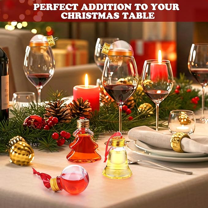 Patelai 18 Pcs Christmas Drink Balls Clear Shot Glass Ornaments Xmas Tree Fillable Ornaments Plastic Xmas Water Bottle Bulbs for Holiday Party Decorations(Round, Bell, Christmas Tree,50 ml)