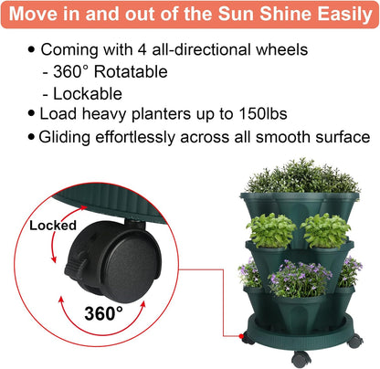 Vertical Planter 3 Tier Stackable Planters Garden Planters Strawberry Herb Flower and Vegetable Planter Indoor Outdoor Gardening Pots with Removable Wheels and Tools