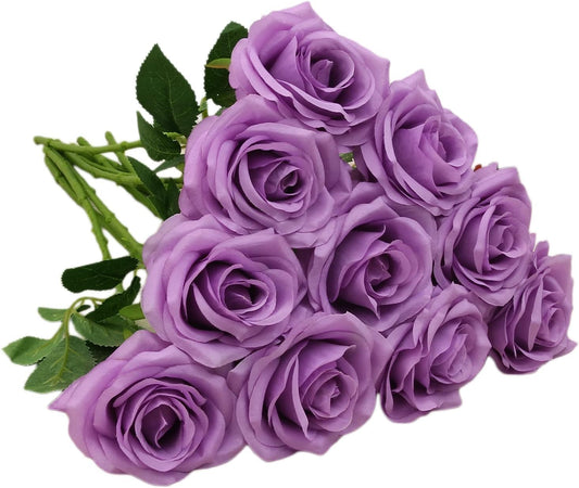 Artificial Rose 10pcs Open Flower Bouquet Faux Rose Stems for Wedding Arrangement, Bridal Bouquet, Centerpiece, Fake Faux Silk Flowers (Lilac)