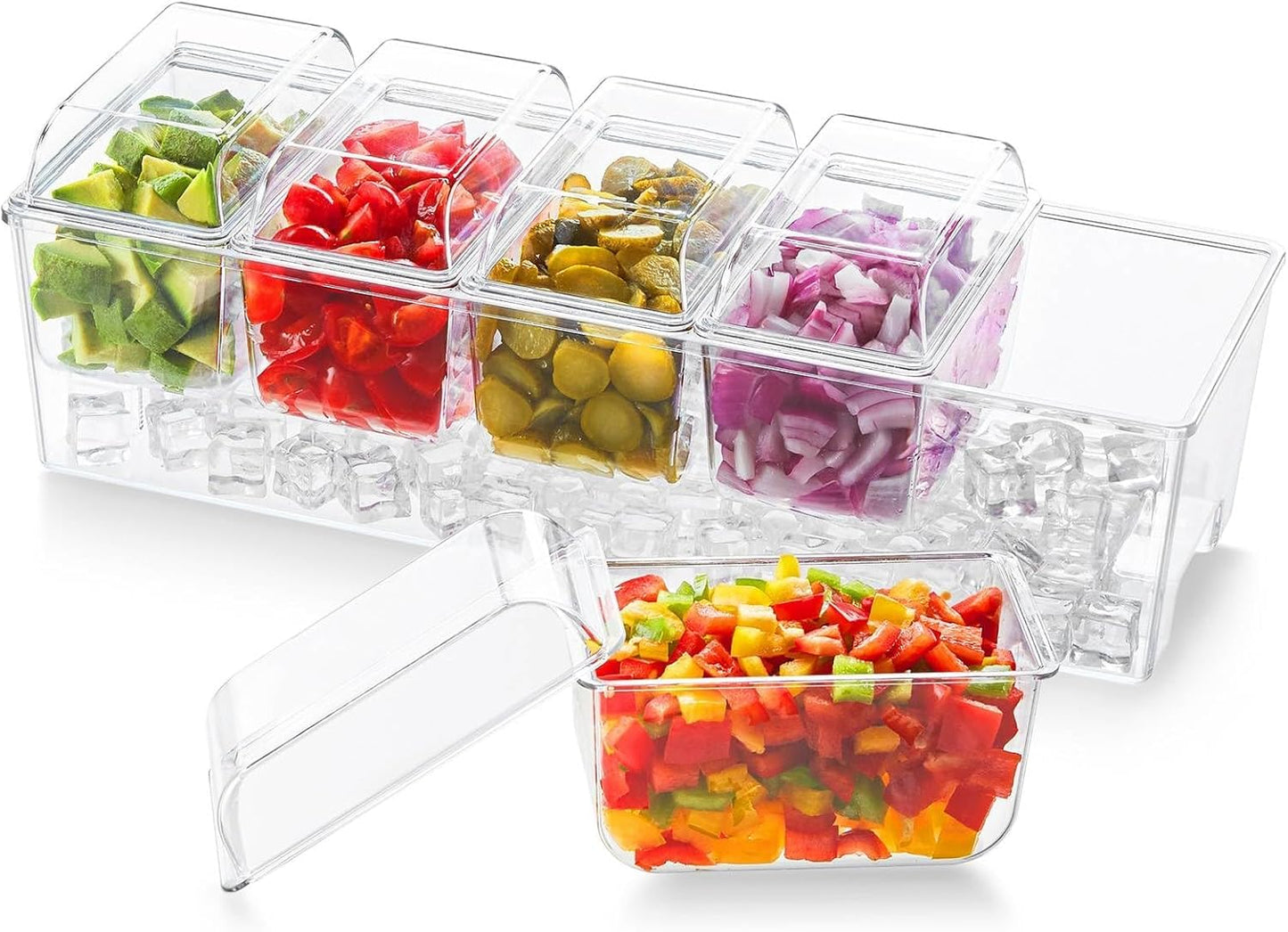 Lifewit Ice Chilled Condiment Caddy with 5x 20oz(2.5 cup) Containers, 15.3" Condiment Server with Separate Lids, Serving Tray Platter with Removable Dishes for Bar, Fruit, Salad, Taco, Party Garnish