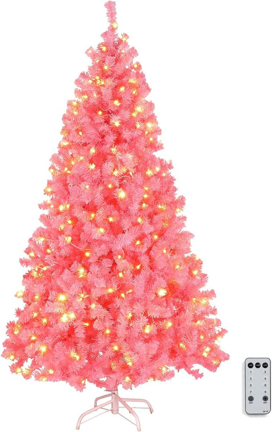 VINGLI 6ft Pink Pre-lit Artificial Christmas Pine Tree with 250 Warm White Lights, Xmas Tree Holiday Party Decorations with Sturdy Metal Stand, Full 900 Tips Branch, 8 Color Modes