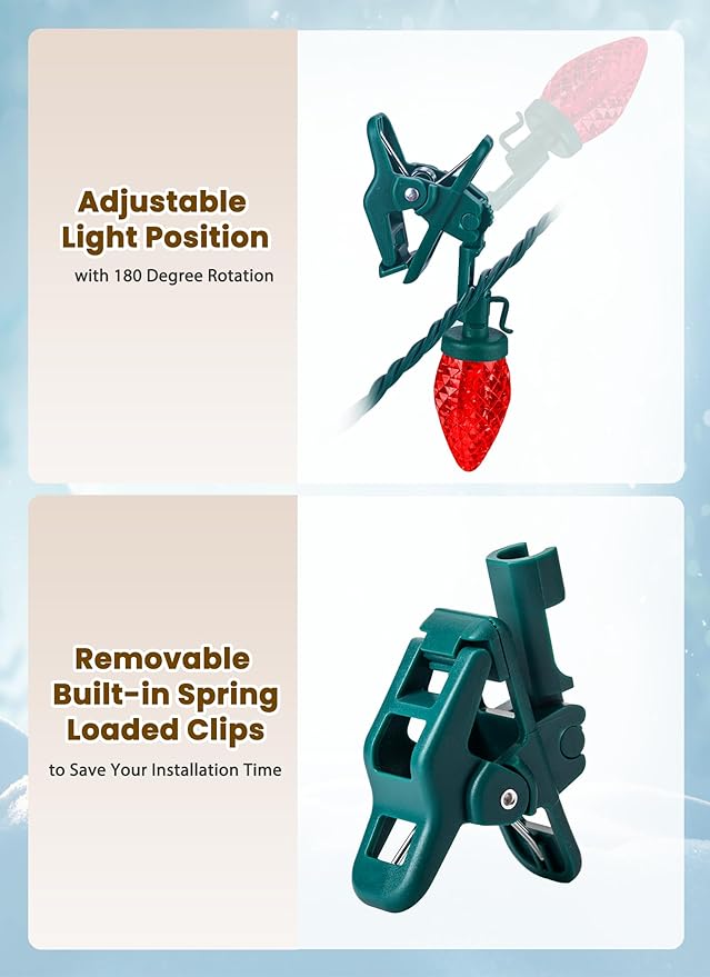 C9 LED Christmas Lights Outdoor, 68 Feet 100 LED Strawberry String Lights With 100 Spring Clamps, Waterproof Commercial Grade Extendable for Outside Roofline Patio Home Xmas Decoration, Red & Green