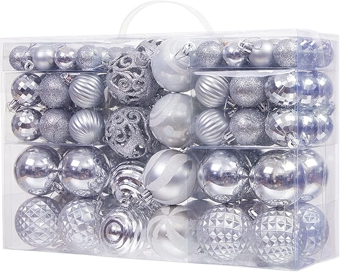 100PCS Christmas Ball Ornaments, Assorted Shatterproof Christmas Tree Decorations, Seasonal Decorative Hanging Baubles Decor Set for Xmas/Holiday/Party, Glitter&Painting Ornament Set (Silver)