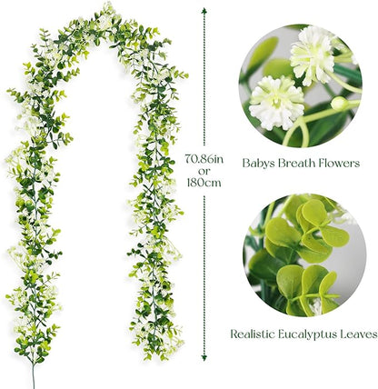 6FT Eucalyptus Garland with Flowers, 6 Pack Artificial Greenery Garland Hanging Faux Eucalyptus Garland Suitable for Table Wedding Backdrop Arch Wall Party UV Protected Indoor Outdoor Decor