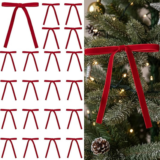 24 Pcs Velvet Christmas Tree Bows Decor, Vintage Wreath Bow for Christmas Garland, Gift Wrapping, Xmas Tree, 3/8'' Wide, 5 * 7 inch (Red)