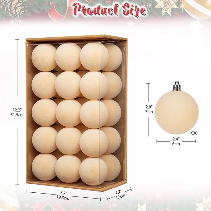 30PCS Velvet Christmas Ball Ornaments Set, 2.36" Shatterproof Baubles for Christmas Tree Decorations, Hanging Baubles with Soft Velvet Finish for Thanksgiving Holiday Party Décor, Cream White