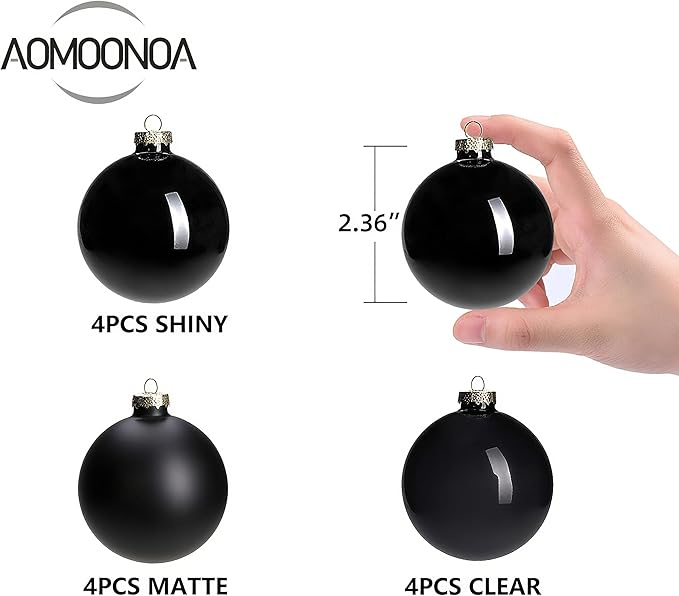 Black Glass Christmas Ball Ornaments for Christmas Tree, 2.36” Christmas Hanging Ornaments Set of 12 Xmas Baubles for Holiday Party Xmas Tree Decorations Gifts