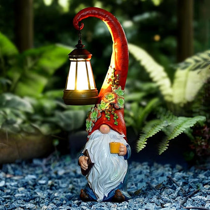 Coffee Gnome Garden Decor Statue Solar-Powered Gnome Ornament Lantern-Lit Courtyard Decoration Birthday Gift for Mom on The Patio