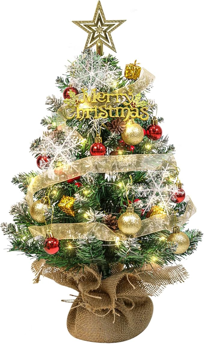 Tabletop Mini Artificial Christmas Tree with LED Lights, Star Topper, and Hanging Ornaments - 24 Inch Small Christmas Tree for Holiday DIY Decorations