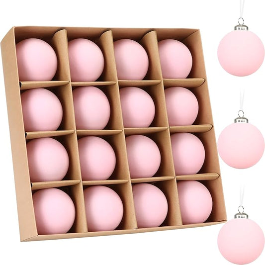 Sea Team 16-Pack Flocked Velvet Christmas Tree Ball Ornaments Set, Hanging Velour Baubles, Shatterproof Plastic Decorations for Xmas Tree, Wreath, Garland, 80mm/3.15 Inches, Pink