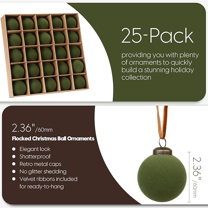 Sea Team 25-Pack Flocked Velvet Christmas Tree Ball Ornaments Set, Hanging Velour Baubles, Shatterproof Plastic Decorations for Xmas Tree, Wreath, Garland, 60mm/2.36 Inches, Olive Green