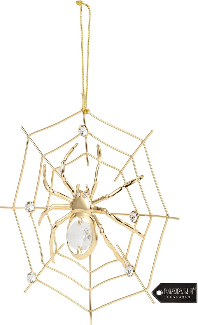 Matashi 24K Gold Plated Crystal Studded Lucky Spider Hanging Ornaments for Christmas Tree Spider Miracle Traditions, Decor - with Story of The Tradition of Tinsel Legend Spider on Web Ornament