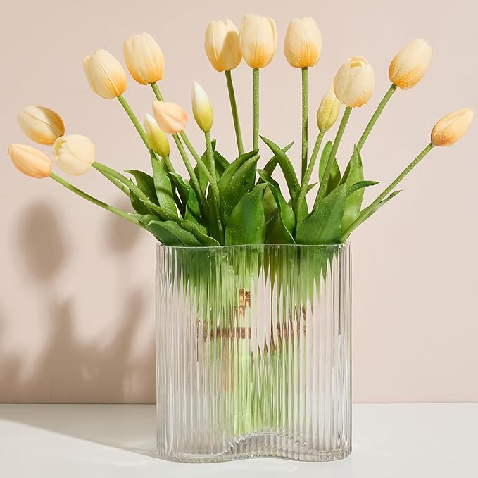 15 pcs Cream Tulips Artificial Flowers Faux Tulips Real Touch Latex Fake Flower Bouquet for Spring Wedding Home Décor Centerpiece Arrangements