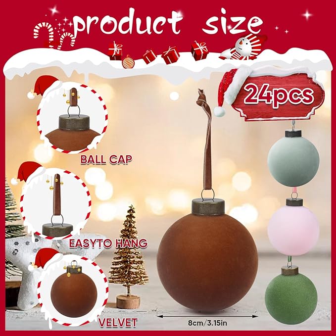 24 Pcs Velvet Christmas Balls Bulk Shatterproof Plastic Christmas Tree Decorations for Decorative Hanging Baubles (24, Green、Brown、Pink、Haze Blue, 3.15Inch)