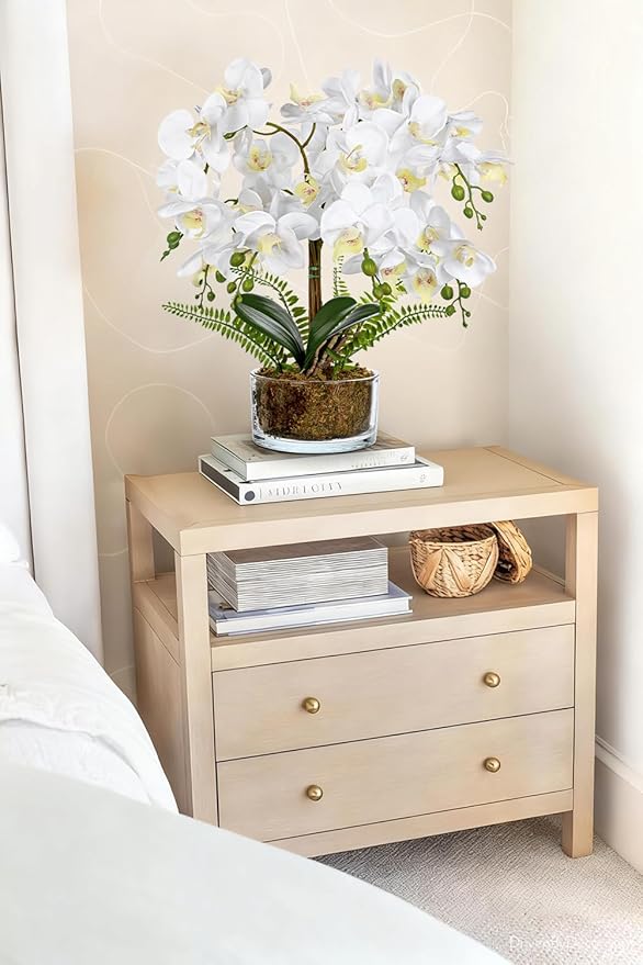 White Orchids Artificial Flowers 16.5" Faux Orchids Plant in Pot Fake Flower Arrangements with Glass Vases White Centerpieces for Kitchen Dining Room Tables Bathroom Nightstand Shelf Desk Decor