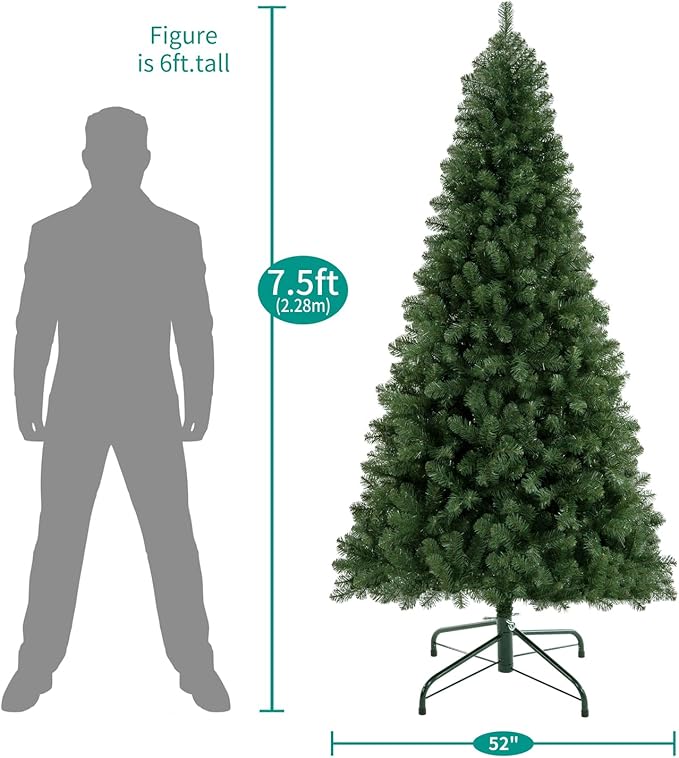 Naomi Home Lucille 7.5ft Artificial Christmas Tree – Full Body Unlit, Realistic Dense Lifelike PVC Pine Branches, 1,346 Tips, Hinged & Sturdy for Ornaments, Holiday Décor w/Stable Base