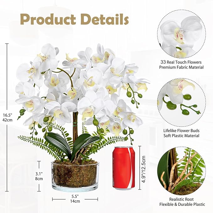 White Orchids Artificial Flowers 16.5" Faux Orchids Plant in Pot Fake Flower Arrangements with Glass Vases White Centerpieces for Kitchen Dining Room Tables Bathroom Nightstand Shelf Desk Decor