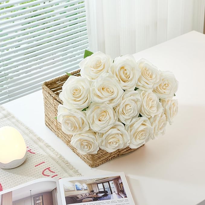 50pcs Ivory Roses Artificial Flowers Bulk Fake White Roses Silk Flower with Stems Realistic Flowers for Wedding Centerpiece Party Birthday Decor