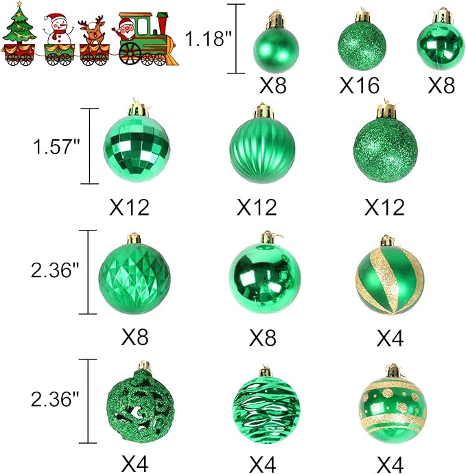 100PCS Christmas Ball Ornaments, Assorted Shatterproof Christmas Tree Decorations, Seasonal Decorative Hanging Baubles Decor Set for Xmas/Holiday/Party, Glitter&Painting Ornament Set (Green Gold)
