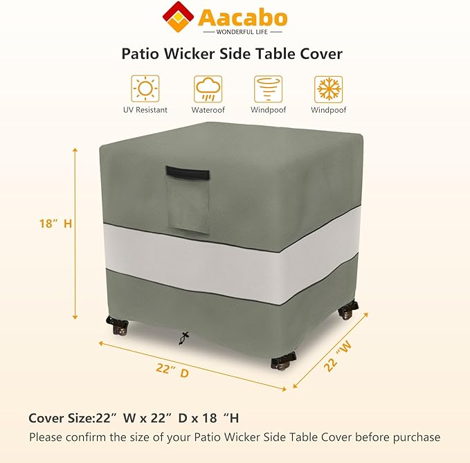 Patio Wicker Side Table Cover,22W x 22D x 18H inch,Waterproof Square Patio Small Side Table Cover,Suitable for 3-Piece Outdoor Wicker Patio Bistro Set Side Table Grey Green