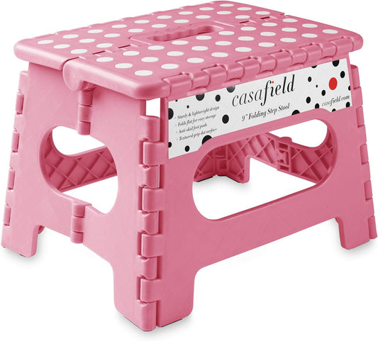 Casafield 9" Folding Step Stool with Handle, Pink - Portable Collapsible Small Plastic Foot Stool for Kids and Adults - Use in The Kitchen, Bathroom and Bedroom