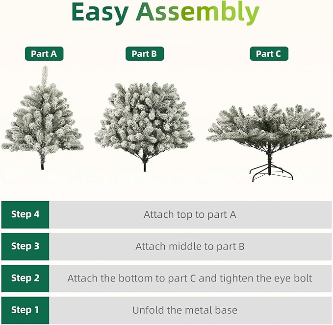 6ft Pre-Lit Snow Flocked Christmas Tree with 300 White Lights, 840 Full PVC Branch Tips,Mixed Green & White, Hinged Quick-Assembly Design, Lush Artificial Xmas Tree for Holiday Home Décor