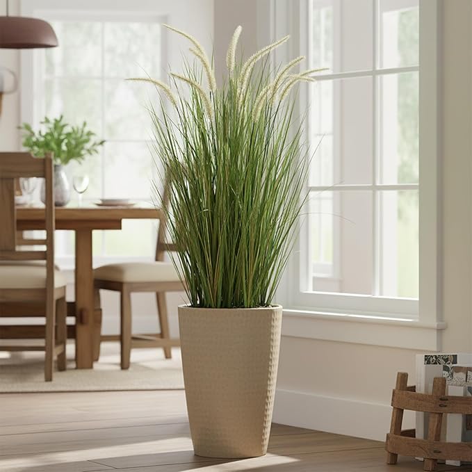 KOL Artificial 4ft Horsetail Reed Grass, 47.2in Artificial Indoor Outdoor Fake Grass Plant, Home Office Wedding Decorative Artificial Plants & Flowers in Pot Faux Plant Greenery, Housewarming Gift