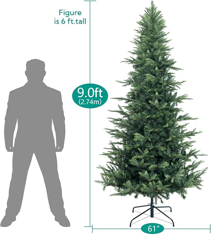 Naomi Home 9ft Nordic Christmas Tree with Lights, Realistic Charming Christmas Tree Prelit with 2106 Branch Tips, 1100 Warm Lights and Metal Stand, Aritificial Xmas Tree